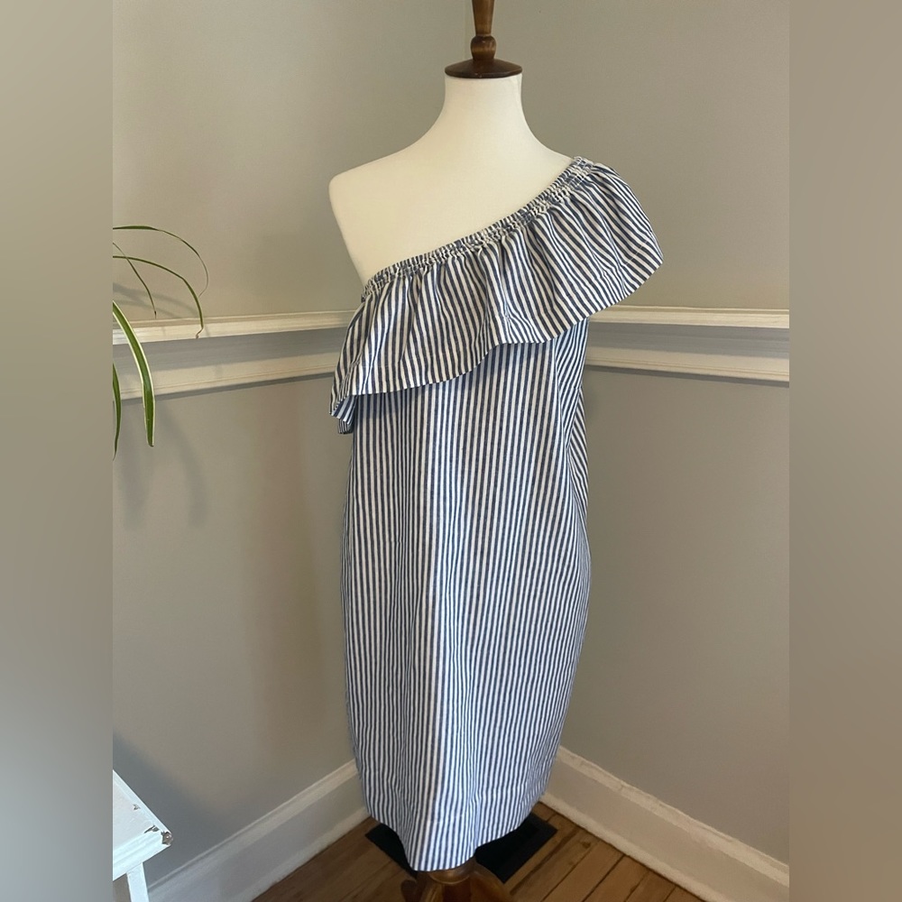J. CREW One Shoulder Blue White Striped Ruffle Dress Size 14